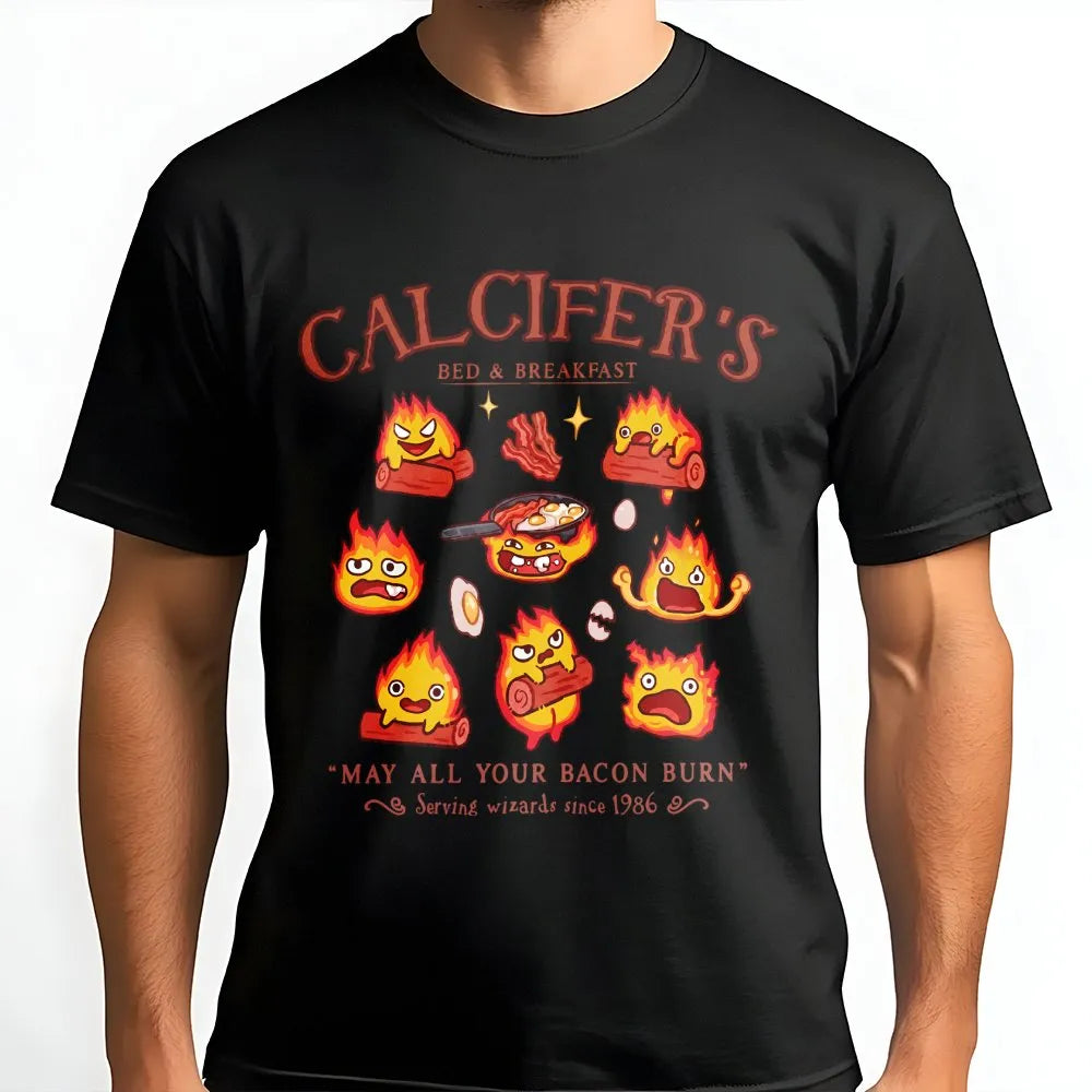 Calcifer Bed and Breakfast T-Shirt | Anime Fire Demon Graphic | Premium Cotton Unisex Tee | Gift for Studio Ghibli Fan