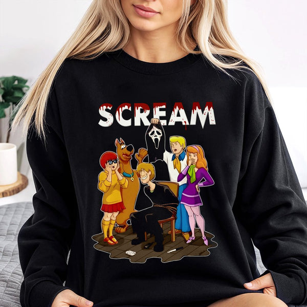 Cartoon Mystery Crew Horror Mashup Sweatshirt | Funny Halloween Graphic Pullover | Soft Cotton Blend Unisex Apparel | Unique 