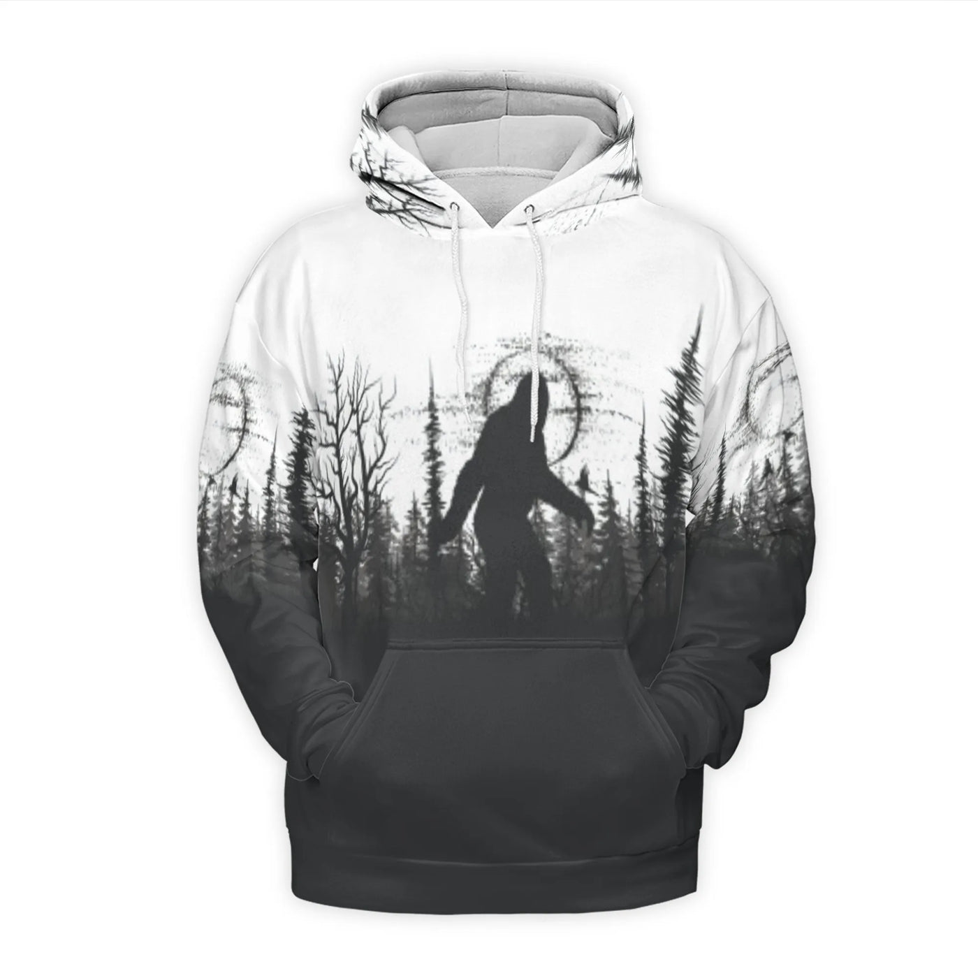 Bigfoot Hoodie | Moonlit Forest Silhouette Graphic | Premium Brushed Fleece All-Over Print | Gift for Sasquatch Lovers & Cryp
