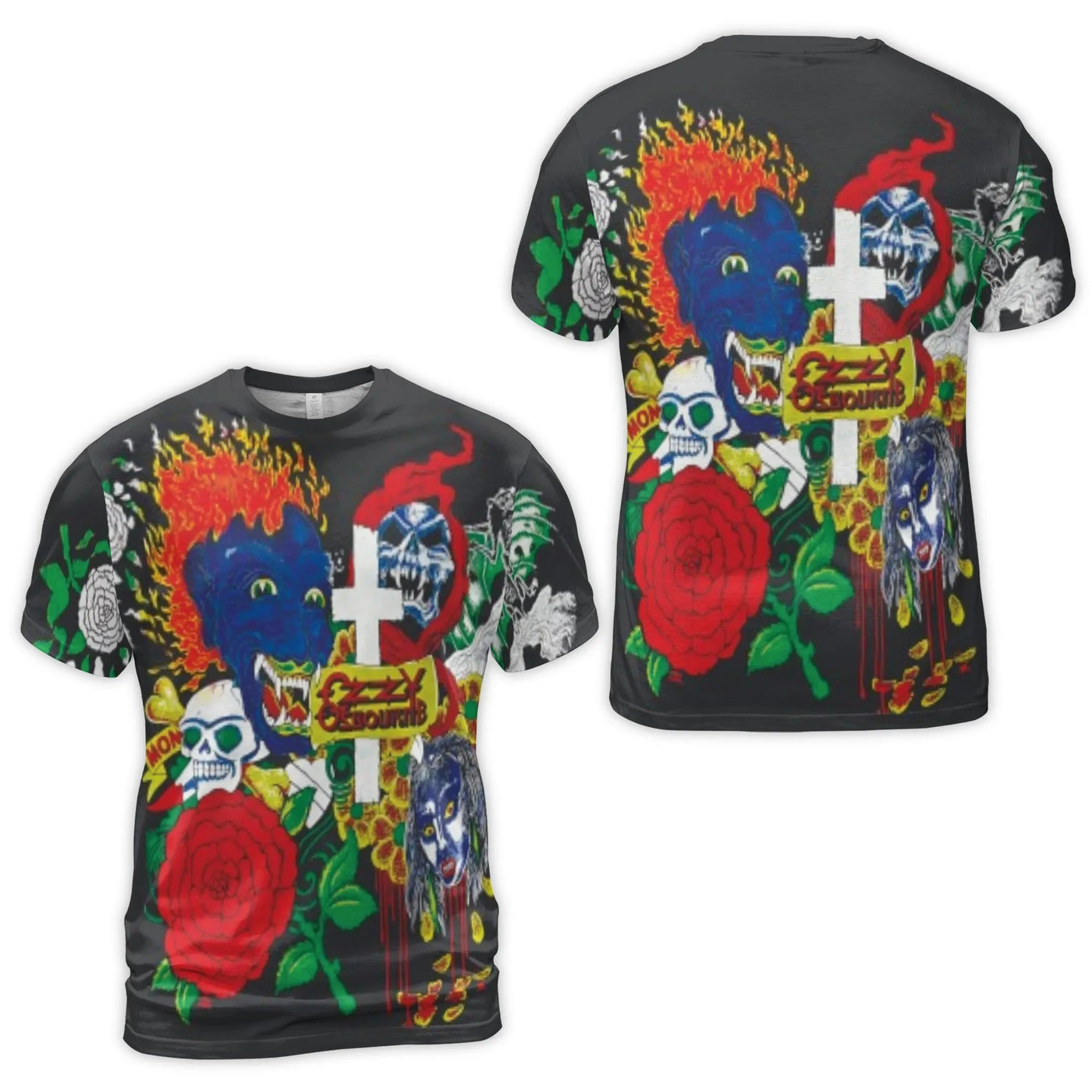 Ozzy Osbourne 3D T-Shirt | All-Over Print Skull and Rose Graphic | Premium Polyester Spandex | Gift for Heavy Metal Music Fan