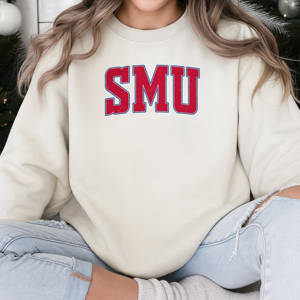 SMU University Sweatshirt | Distressed Varsity Block Letter Print | Premium Cotton-Blend Crewneck | Cozy College Apparel for 