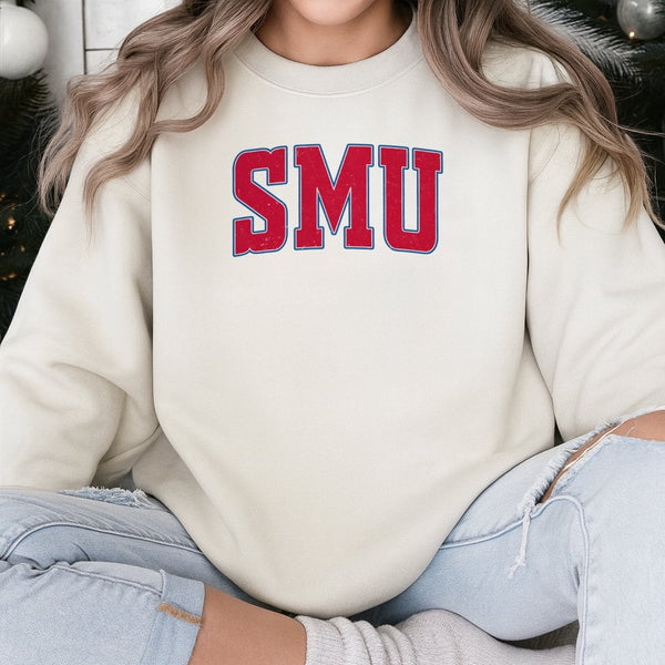 SMU University Sweatshirt | Distressed Varsity Block Letter Print | Premium Cotton-Blend Crewneck | Cozy College Apparel for 