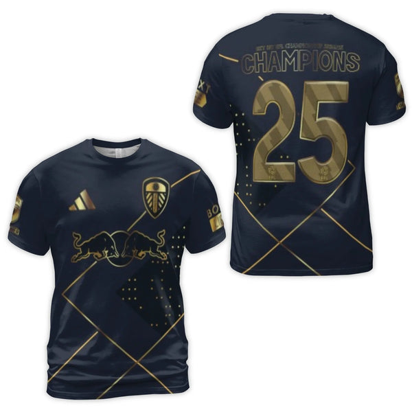 Leeds United Champions 2025 T-Shirt | Sky Bet EFL Championship Graphic Tee | Premium Polyester Spandex | Football Fan Gift fo