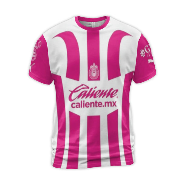 Chivas Guadalajara 3D Soccer T-Shirt | Pink & White Stripe Jersey Design | Polyester Spandex Blend | Gift for Liga MX Footbal