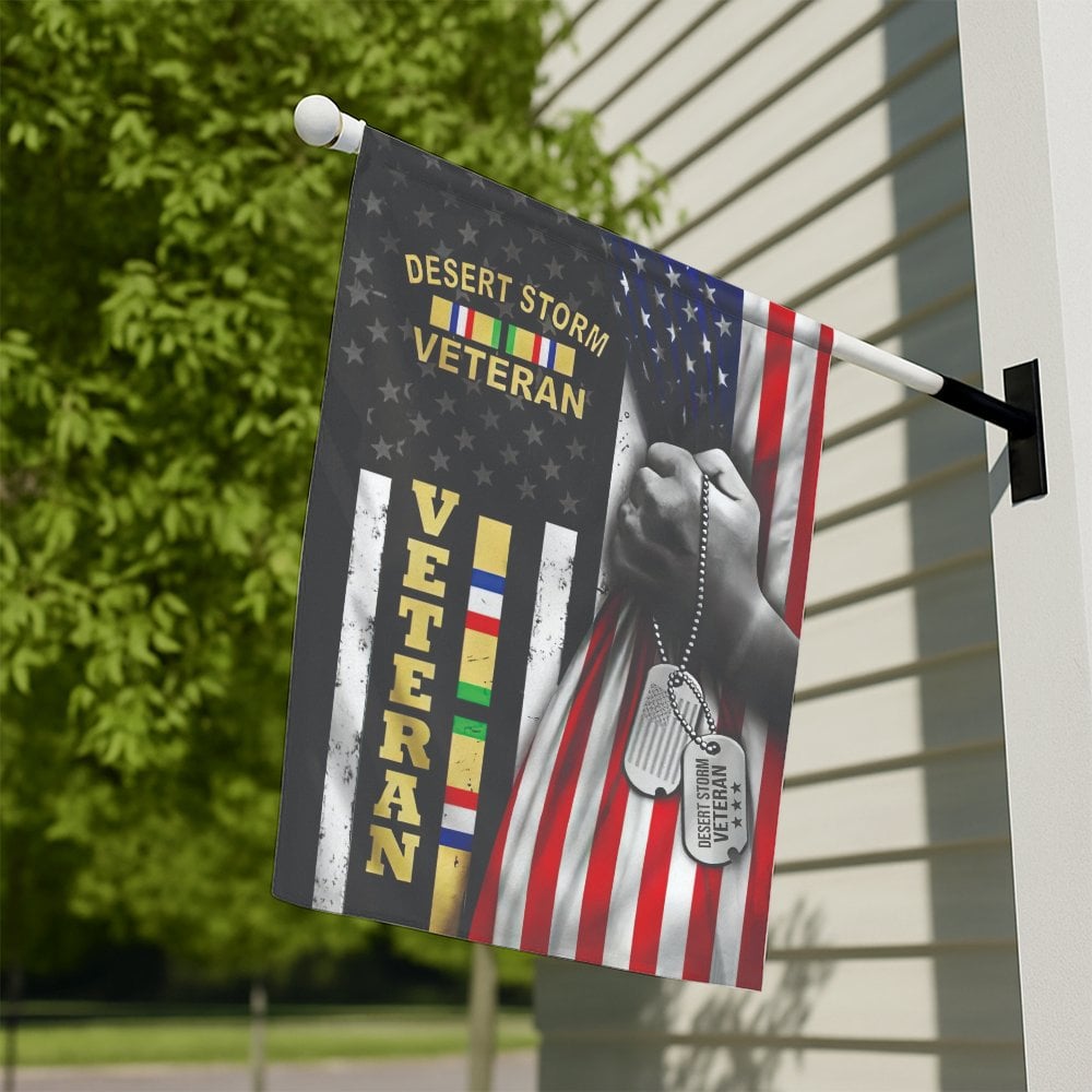 Desert Storm Veteran Garden Flag | US American Military Dog Tag Design | Premium Weather-Resistant Polyester | Patriotic Gift