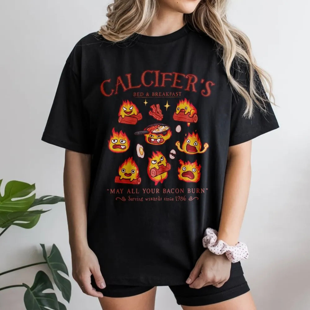 Calcifer Bed and Breakfast T-Shirt | Anime Fire Demon Graphic | Premium Cotton Unisex Tee | Gift for Studio Ghibli Fan