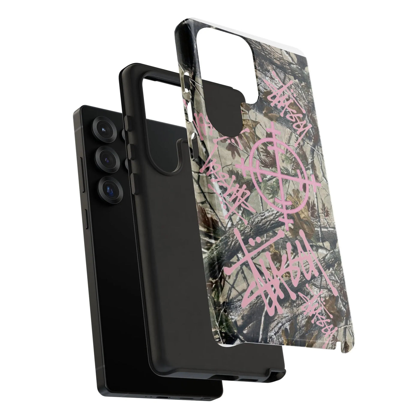 Camo Samsung Phone Case | Pink Graffiti Crosshair Graphic | Dual-Layer Polycarbonate | Trendy Urban Tech Accessory for Her