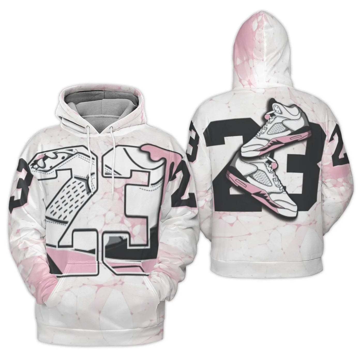 Number 23 Sneaker Hoodie | Pink Marble Graphic Art | Premium Polyester Fleece Pullover | Streetwear Gift for Basketball Fans