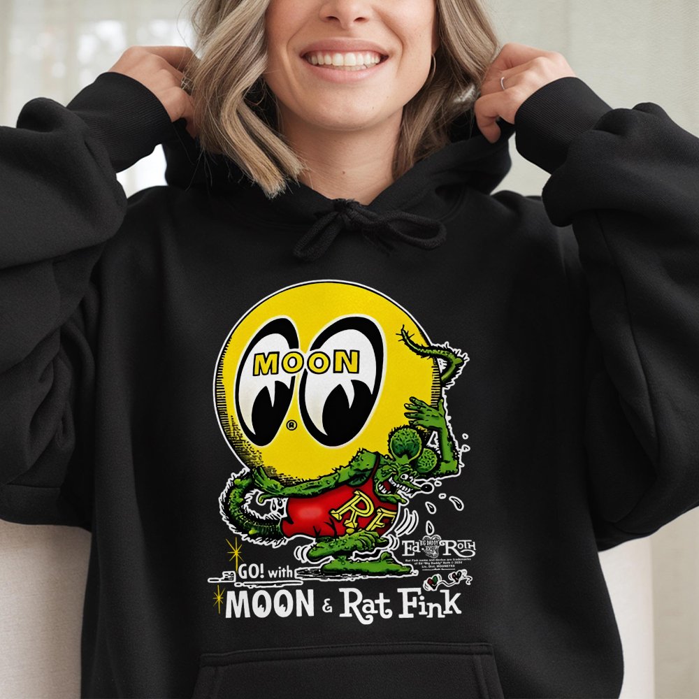Mooneyes x Rat Fink Hoodie | Vintage Hot Rod Racing Graphic | Premium Cotton Blend | Gift for Car Enthusiasts & Retro Fashion