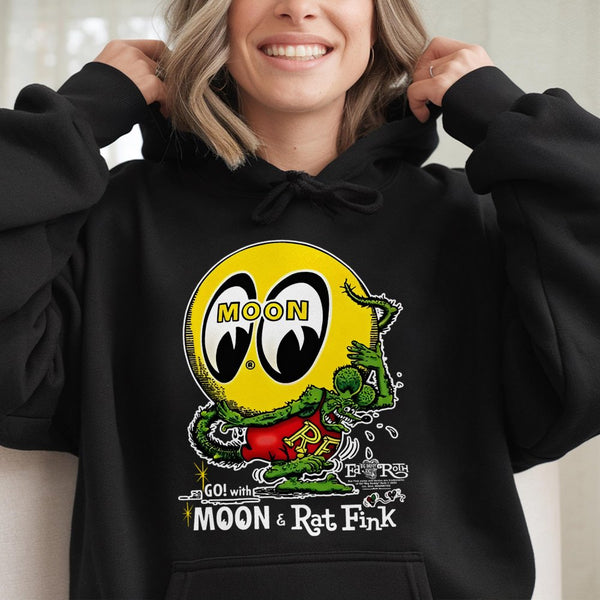 Mooneyes x Rat Fink Hoodie | Vintage Hot Rod Racing Graphic | Premium Cotton Blend | Gift for Car Enthusiasts & Retro Fashion