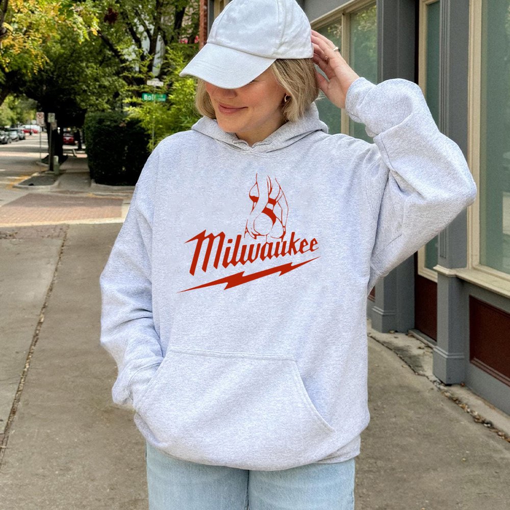 Funny Milwaukee Graphic Hoodie | Parody Tool Brand Logo Design | Premium Cotton Blend Pullover | Humorous Gift for DIY Worker
