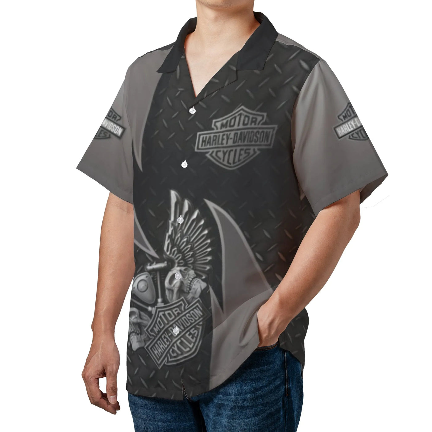 Motorcycle Skull Hawaiian Shirt | Diamond Plate Pattern Graphic | Lightweight Woven Polyester | Premium Biker Gift For Men