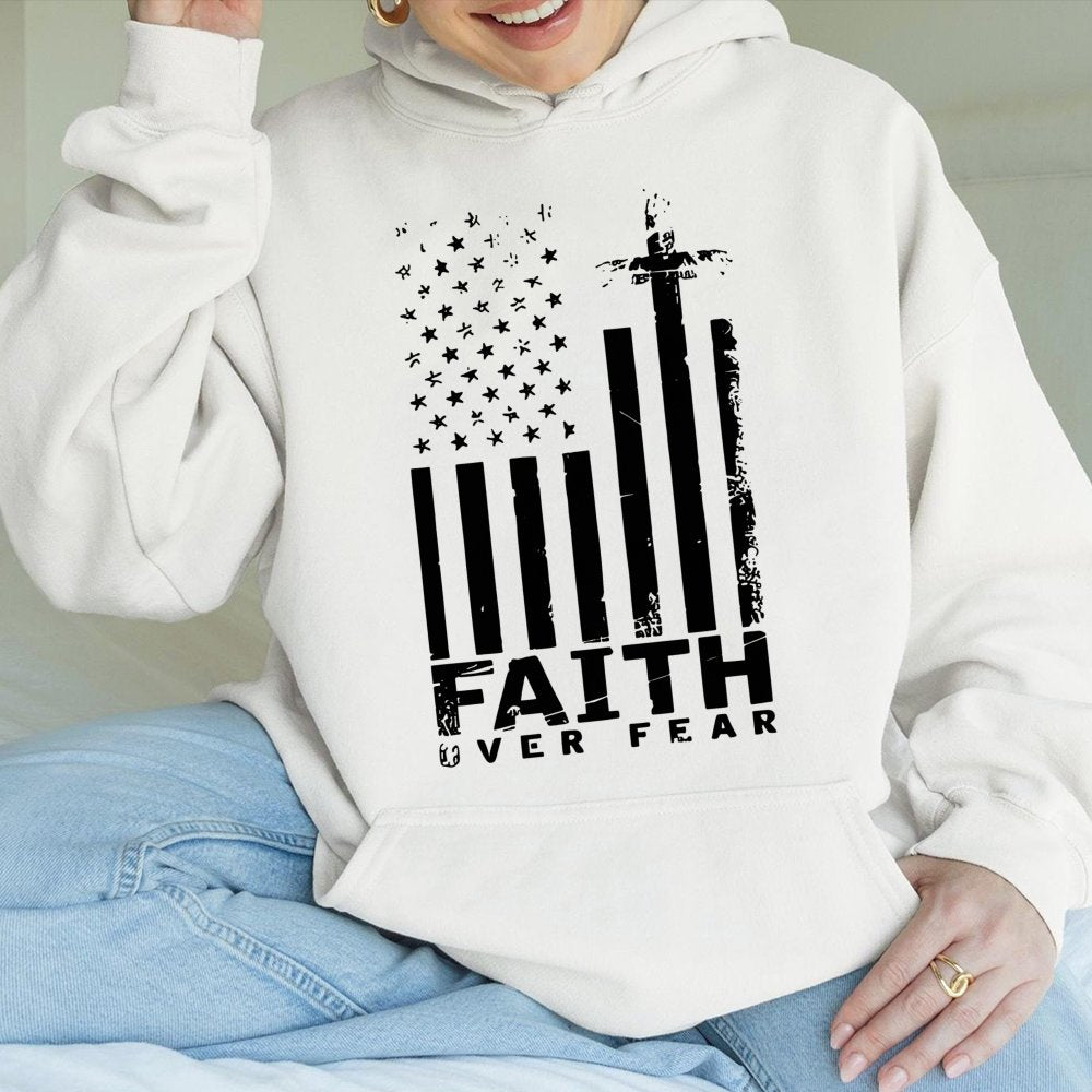 Faith Over Fear Hoodie | American Flag Cross Graphic | Premium Cotton Blend Apparel | Inspirational Christian Gift for Men an