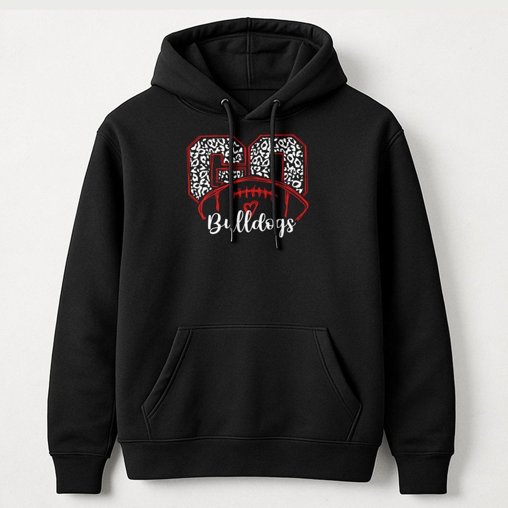 Bulldogs Football Hoodie | Leopard Print Game Day Graphic | Soft Cotton-Poly Blend | Unisex Spirit Wear for Fans and Students