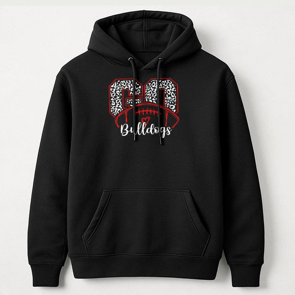 Bulldogs Football Hoodie | Leopard Print Game Day Graphic | Soft Cotton-Poly Blend | Unisex Spirit Wear for Fans and Students