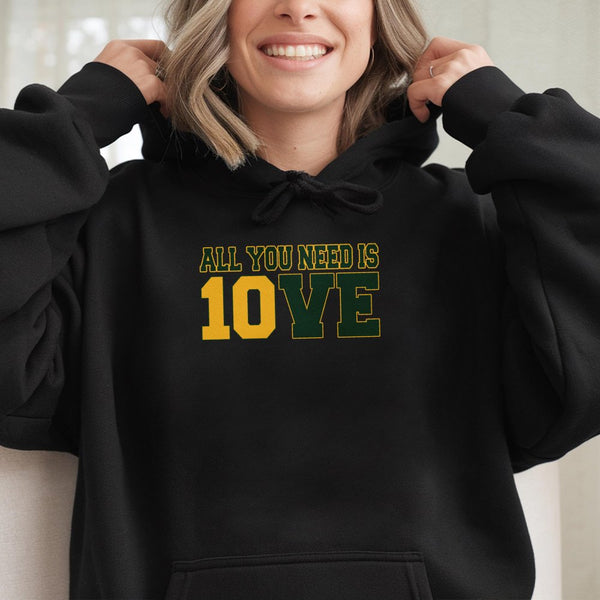 Jordan Love Football Hoodie | All You Need Is Love Graphic Print | Premium Cotton-Poly Blend | Unisex Green Bay Fan Gift