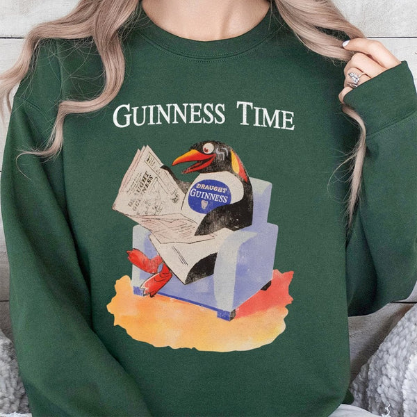 Vintage Penguin Sweatshirt | Retro Guinness Time Graphic Print | Premium Cotton Blend Crewneck | Funny Beer Lover Gift For Hi