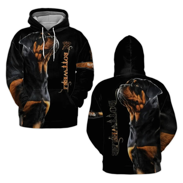 Rottweiler 3D Hoodie | Realistic Dog Portrait Graphic | Premium Polyester Brushed Fleece | Unique Gift for Dog Lovers