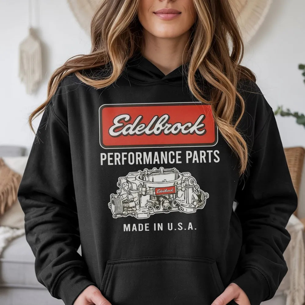 Edelbrock Performance Parts Hoodie | Classic Racing Carburetor Graphic | Premium Cotton Blend | Gift for Car Enthusiasts and 