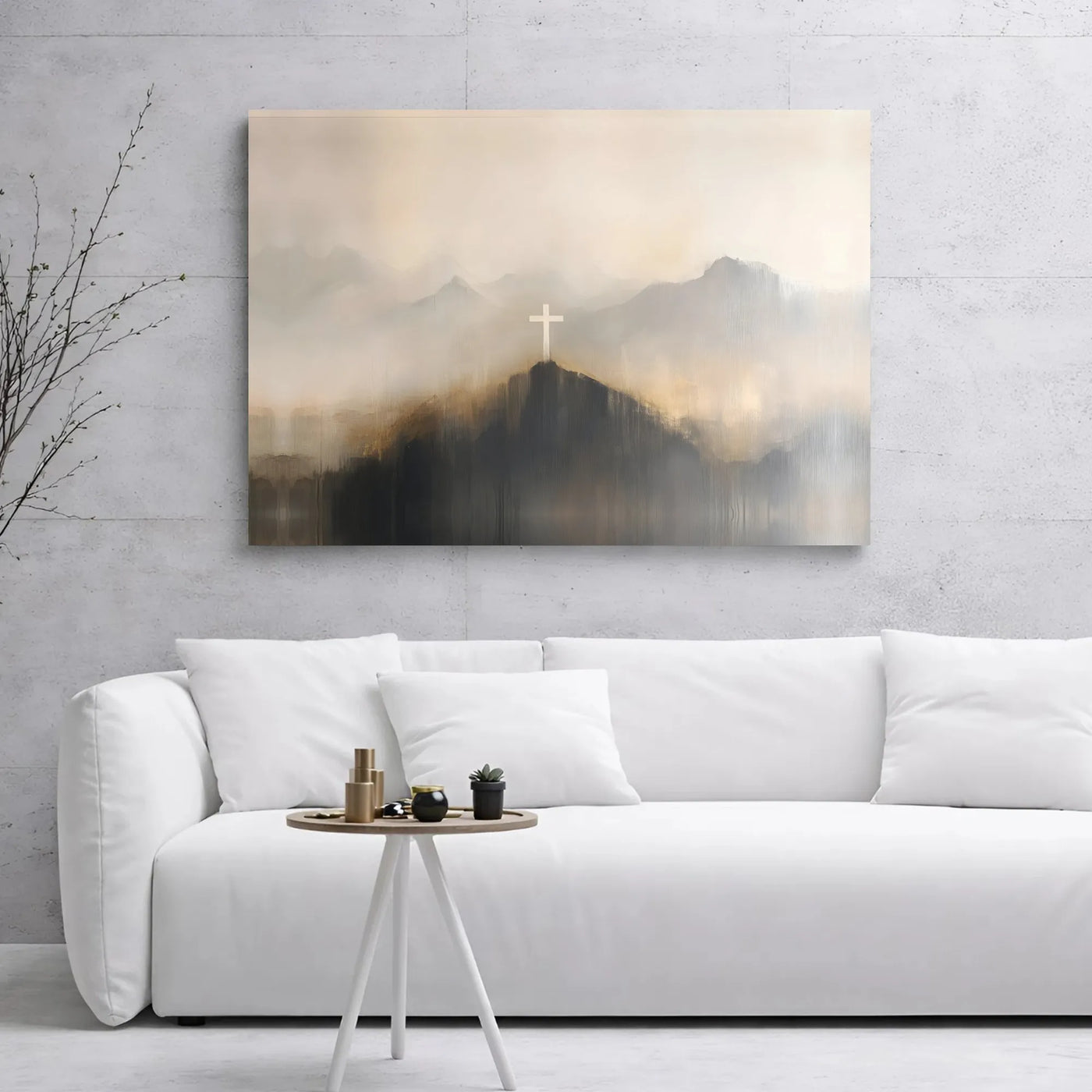 Christian Cross Canvas Wall Art | Abstract Misty Mountain Landscape | Premium 1.25-Inch Gallery Wrap | Religious Home Office 