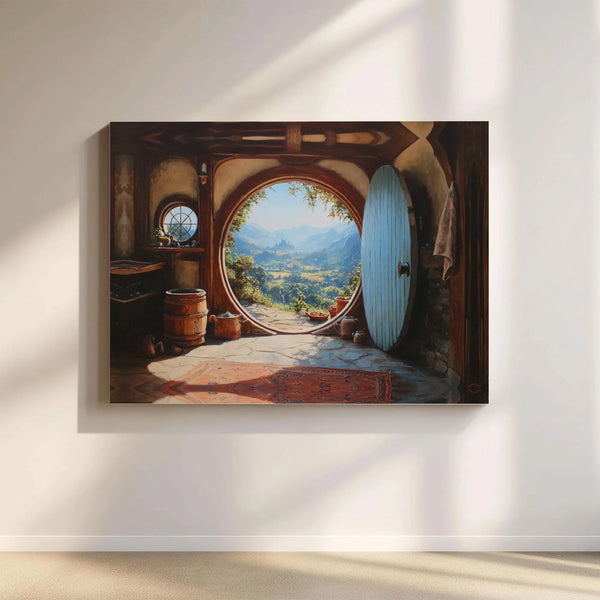 Fantasy Landscape Canvas Wall Art | Round Door Hobbit Home View | Premium Stretched Gallery Wrap | Unique Gift for Book and M