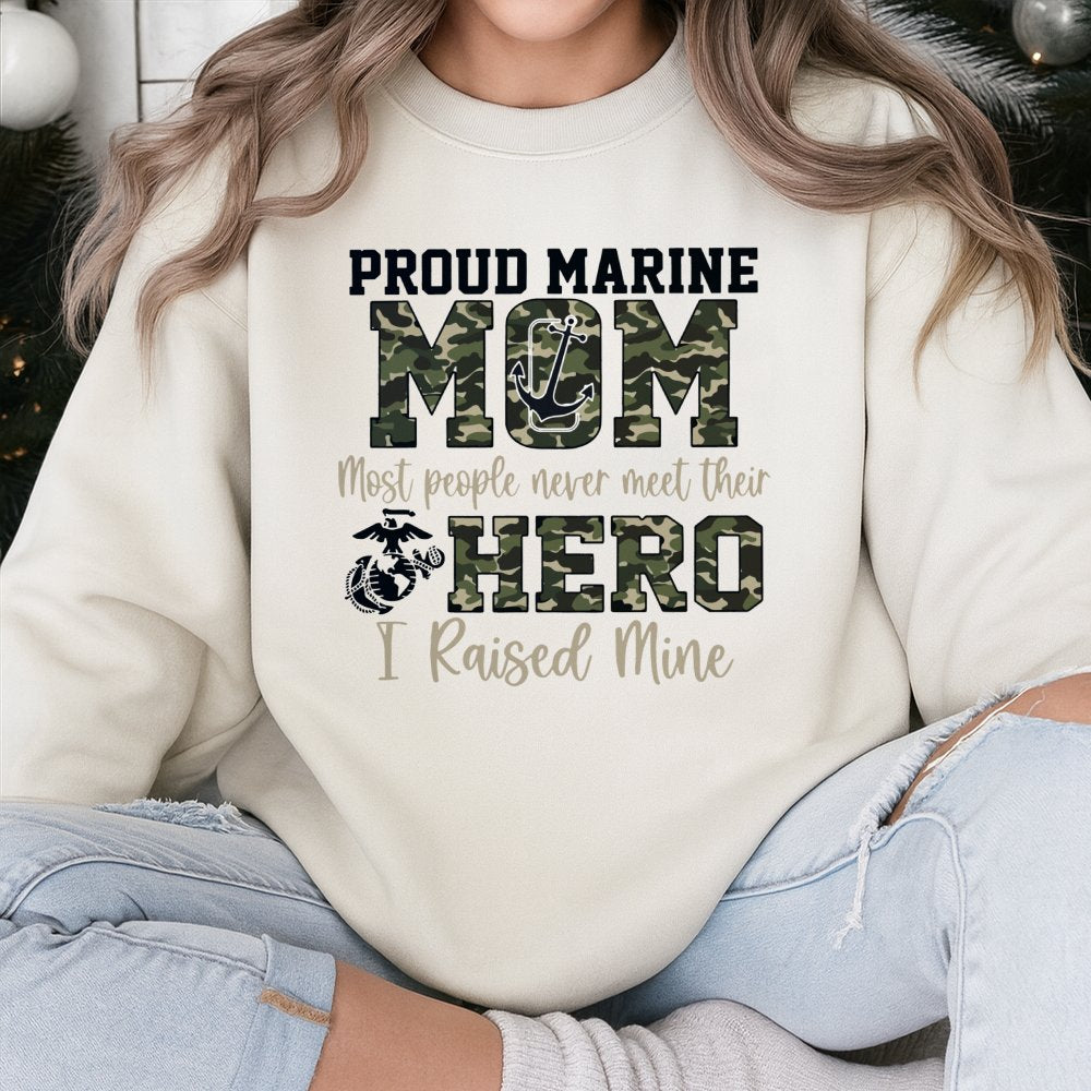Proud Marine Mom Sweatshirt | Camo Military Hero Graphic | Premium Cotton Blend | Gift for USMC Mother, Graduation, Deploymen