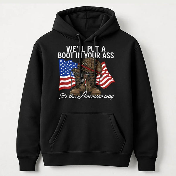 American Flag Military Hoodie | Patriotic Soldier Boots & Helmet Design | Soft Cotton Blend | Gift For Veterans & Country Mus