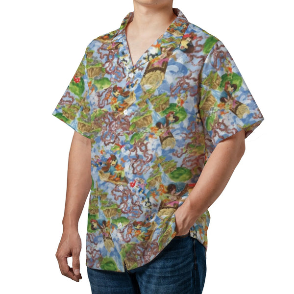 Tropical Theme Hawaiian Shirt | Splash Mountain Ride Character All-Over Print | Lightweight Woven Polyester | Fun Vacation Gi