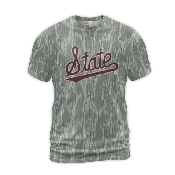 State Script Camo T-Shirt | All-Over Mossy Tree Bark Print | Premium Stretchy Jersey | Gift for Sports Fans and Outdoor Enthu