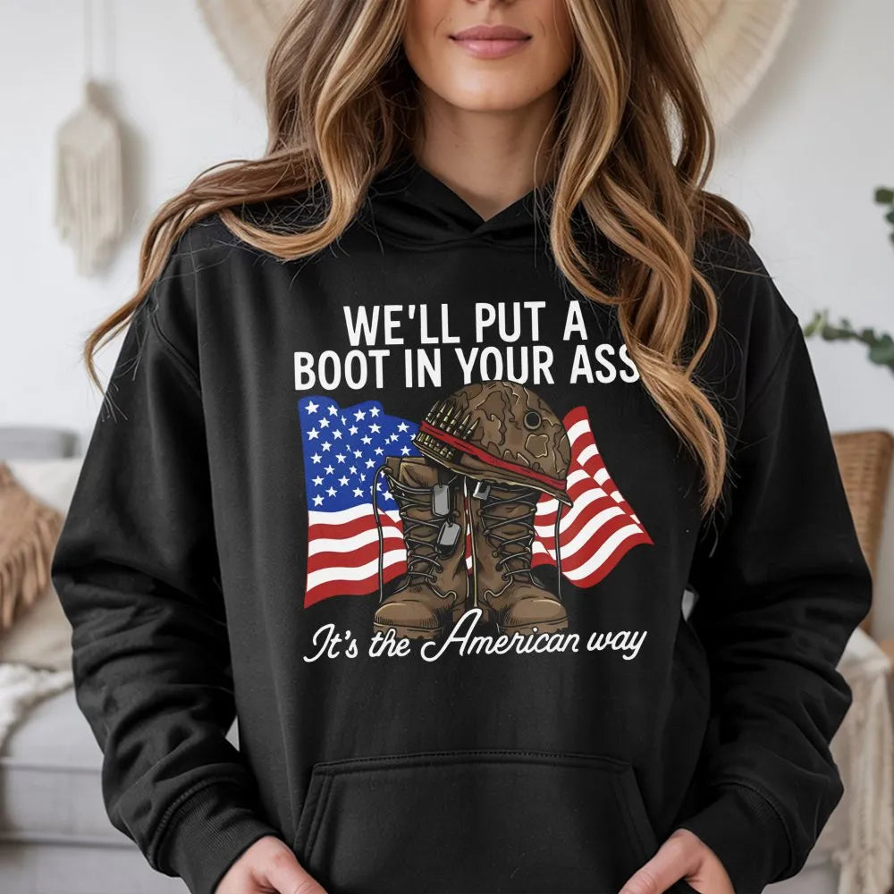 American Flag Military Hoodie | Patriotic Soldier Boots & Helmet Design | Soft Cotton Blend | Gift For Veterans & Country Mus