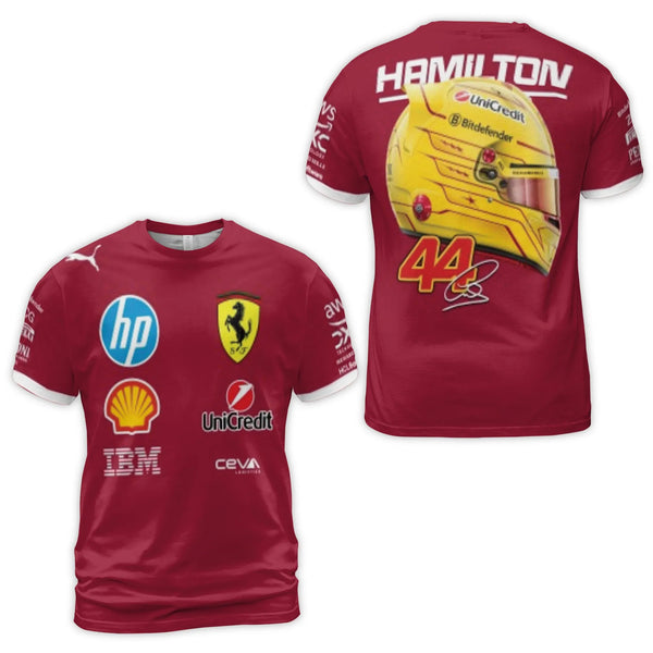 Lewis Hamilton Ferrari 3D T-Shirt | Racing Helmet & Sponsor Graphics | Premium Polyester Jersey | F1 Fan Apparel & Motorsport