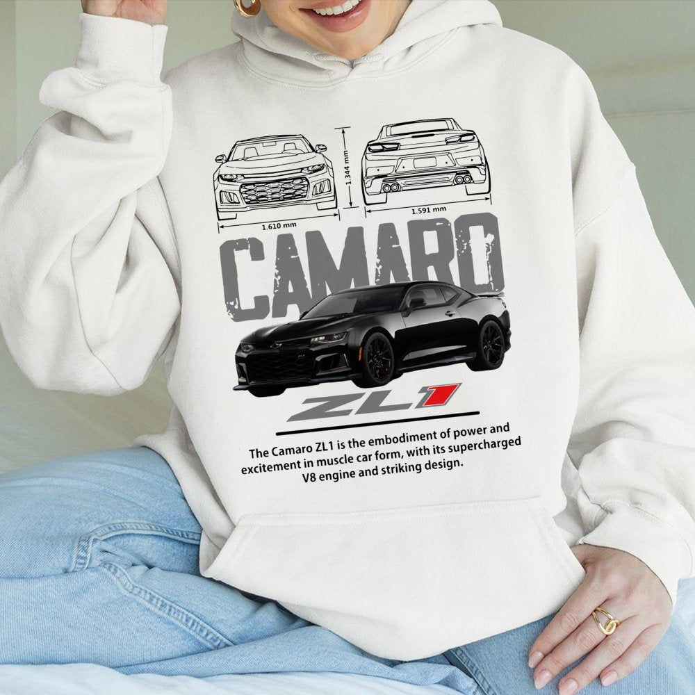 Camaro ZL1 Hoodie | Muscle Car Blueprint Graphic Art | Premium Cotton Blend | Gift For Car Enthusiast, Gearhead, Drag Racing 