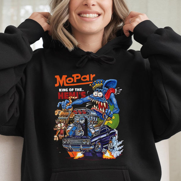 Mopar King Of The Hemi Hoodie | Retro Hot Rod Rat Fink Graphic | Premium Cotton Blend | Gift For Muscle Car Enthusiasts And G