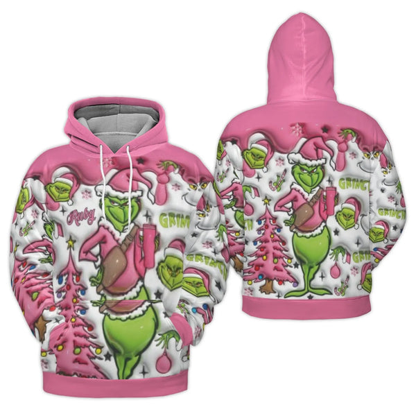 Pink Grinch Christmas Hoodie | All-Over Print Holiday Sweater | Premium Polyester Brushed Fleece | Festive Unisex Winter Pull