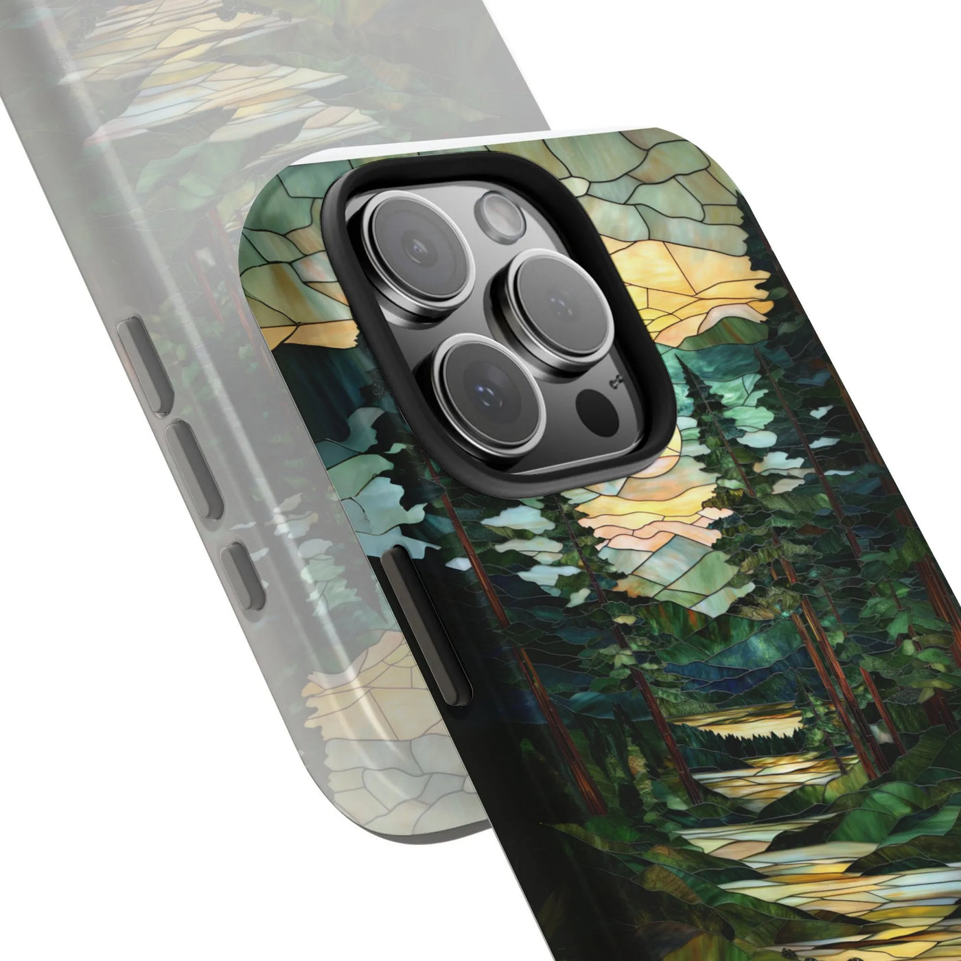 Stained Glass Landscape iPhone Case | Forest River Mountain Art | Dual-Layer Polycarbonate Protection | Nature Lover Gift for