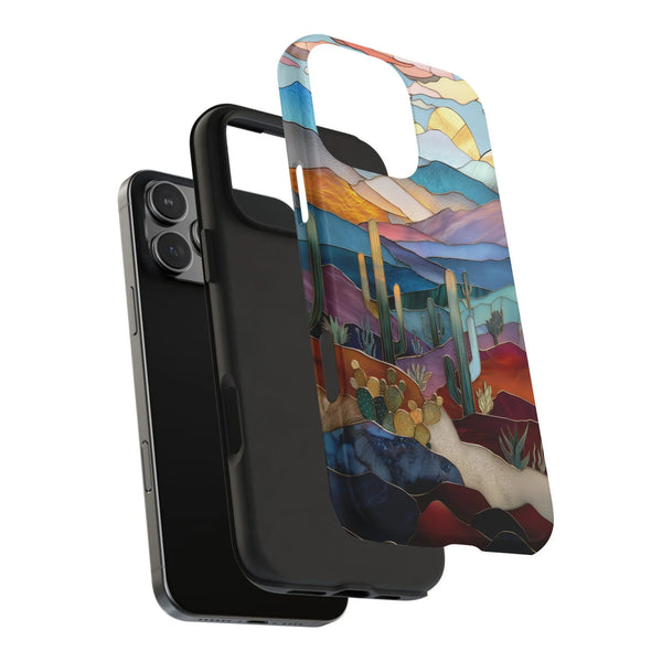 Stained Glass Desert Phone Case | Cactus Mountain Landscape Art | Dual-Layer Polycarbonate Protection | Unique Nature Lover G