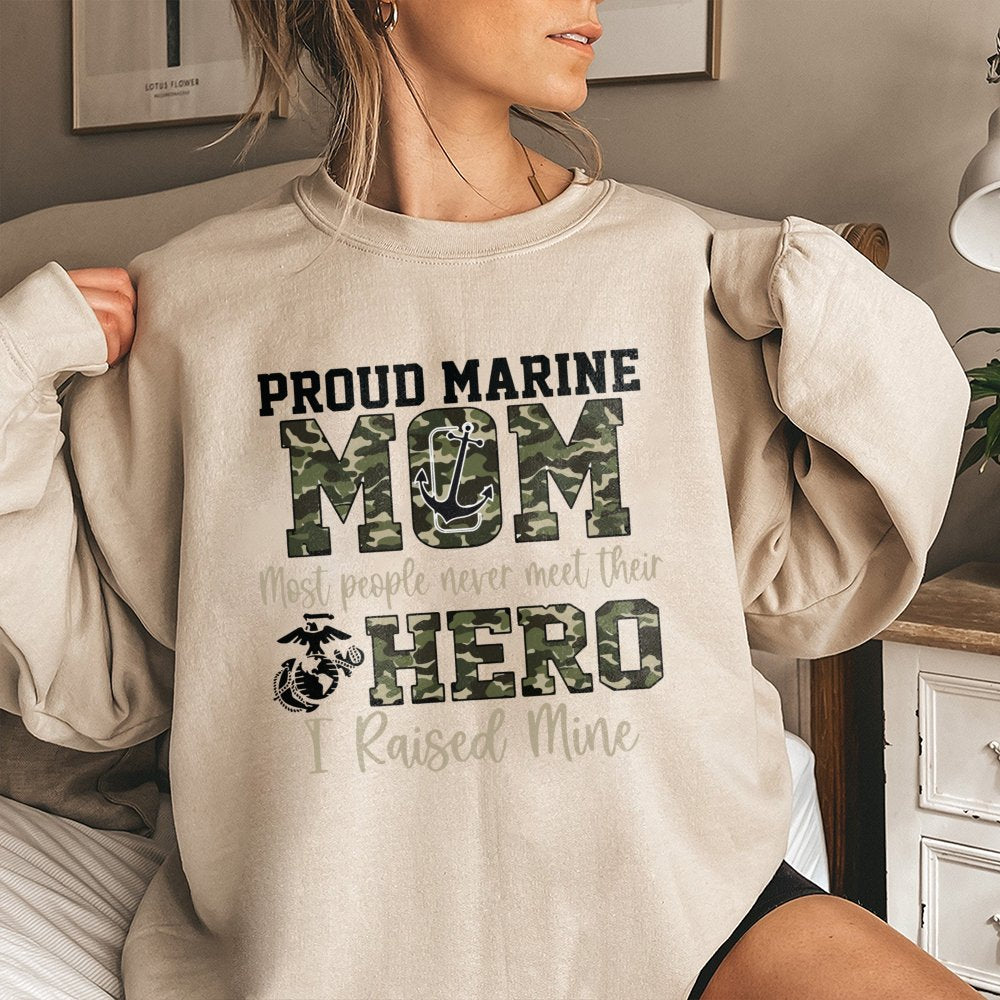 Proud Marine Mom Sweatshirt | Camo Military Hero Graphic | Premium Cotton Blend | Gift for USMC Mother, Graduation, Deploymen