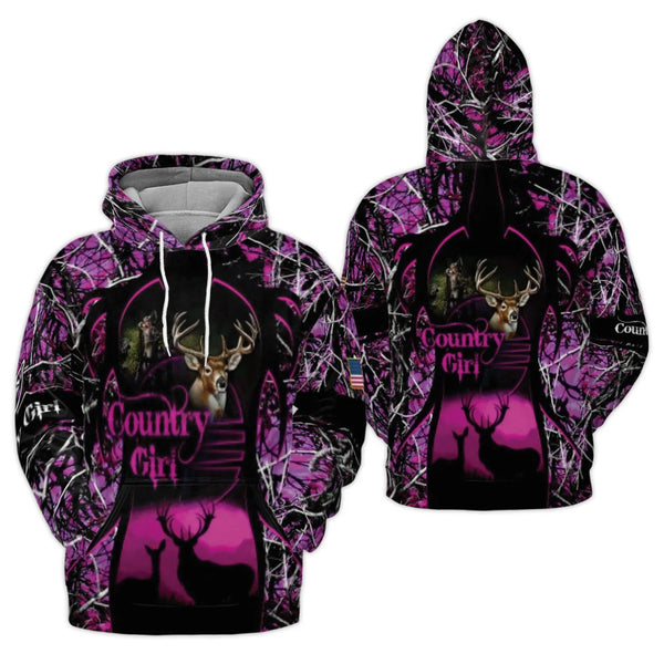 Country Girl 3D Hoodie | Pink Camo Deer Hunting Design | Premium Brushed Fleece Lining | Gift For Outdoorsy Women