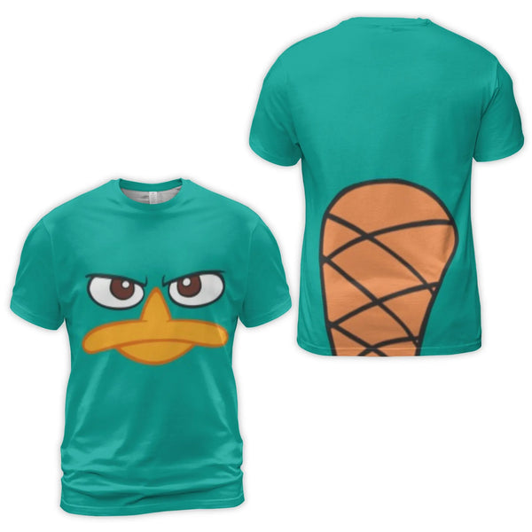 Platypus Graphic T-Shirt | Cartoon Character Face and Tail Print | Premium Polyester Spandex | Funny Cosplay Costume Gift for