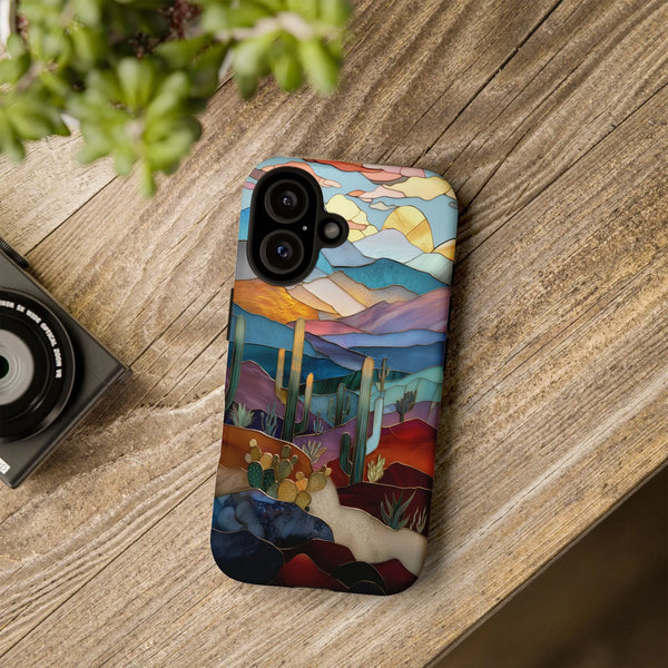 Stained Glass Desert Phone Case | Cactus Mountain Landscape Art | Dual-Layer Polycarbonate Protection | Unique Nature Lover G
