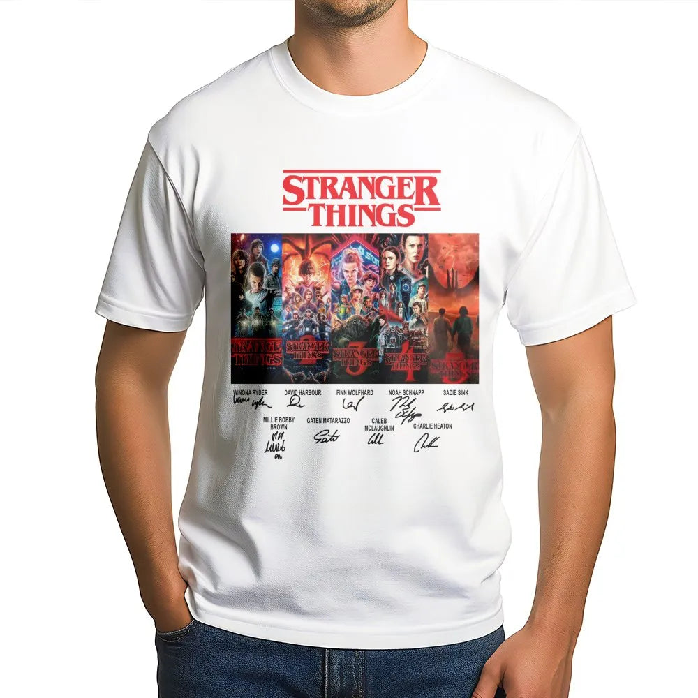 Stranger Things Graphic T-Shirt | Retro Cast Autograph Collage Print | Premium Soft Cotton Tee | Perfect Sci-Fi Fan Gift for 