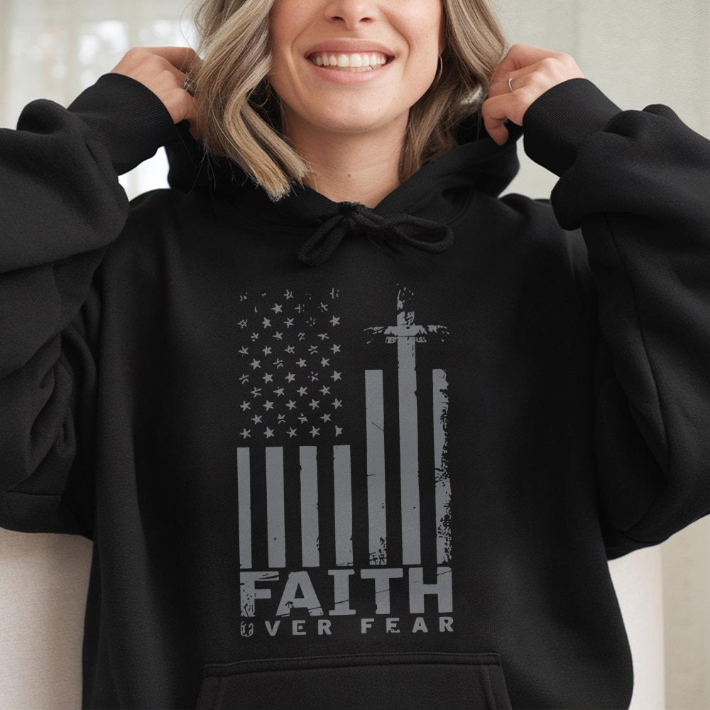 Faith Over Fear Hoodie | American Flag Cross Graphic | Premium Cotton Blend Apparel | Inspirational Christian Gift for Men an