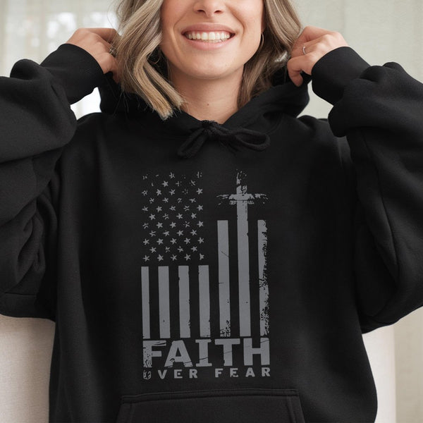 Faith Over Fear Hoodie | American Flag Cross Graphic | Premium Cotton Blend Apparel | Inspirational Christian Gift for Men an