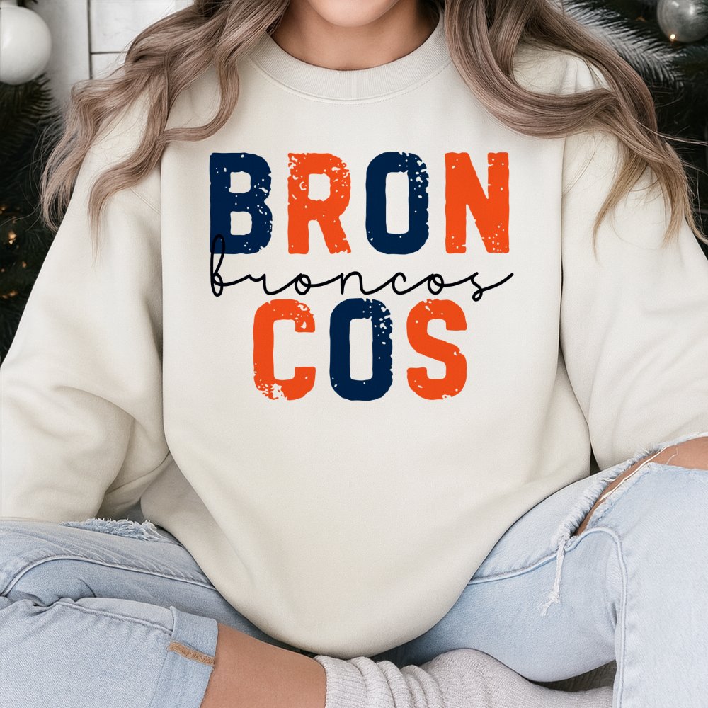 Broncos Football Sweatshirt | Distressed Varsity Lettering | Cotton Polyester Blend | Premium Fan Apparel Gift For Denver Fan