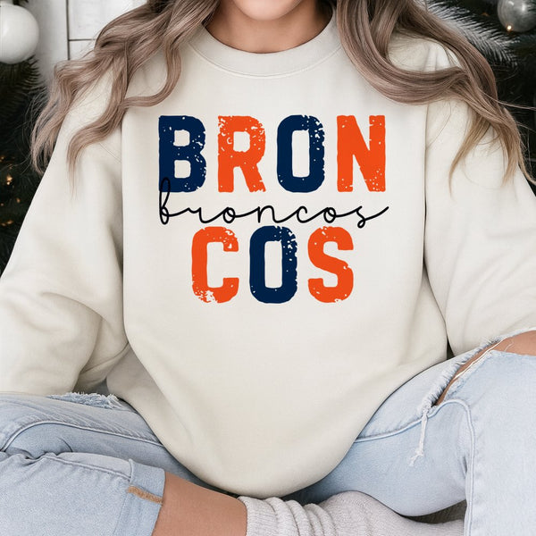 Broncos Football Sweatshirt | Distressed Varsity Lettering | Cotton Polyester Blend | Premium Fan Apparel Gift For Denver Fan