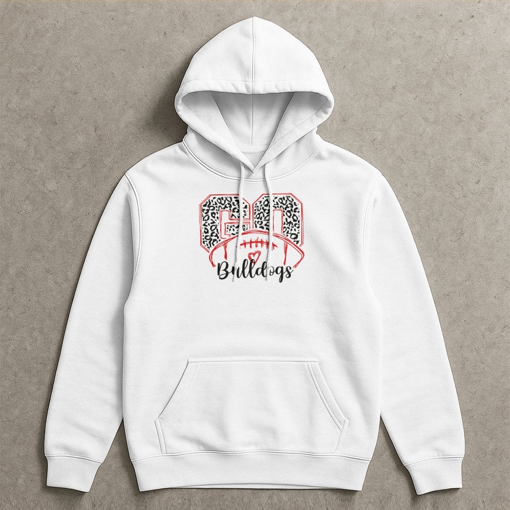 Bulldogs Football Hoodie | Leopard Print Game Day Graphic | Soft Cotton-Poly Blend | Unisex Spirit Wear for Fans and Students