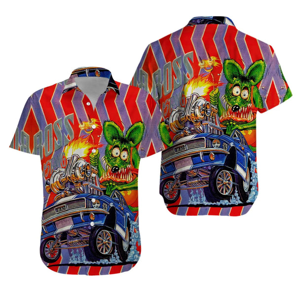 Hot Rod Monster Hawaiian Shirt | Vintage Kustom Kulture Design | Lightweight Summer Button Down | Gift For Car Enthusiasts
