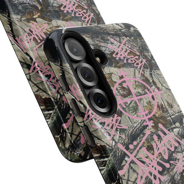 Camo Samsung Phone Case | Pink Graffiti Crosshair Graphic | Dual-Layer Polycarbonate | Trendy Urban Tech Accessory for Her