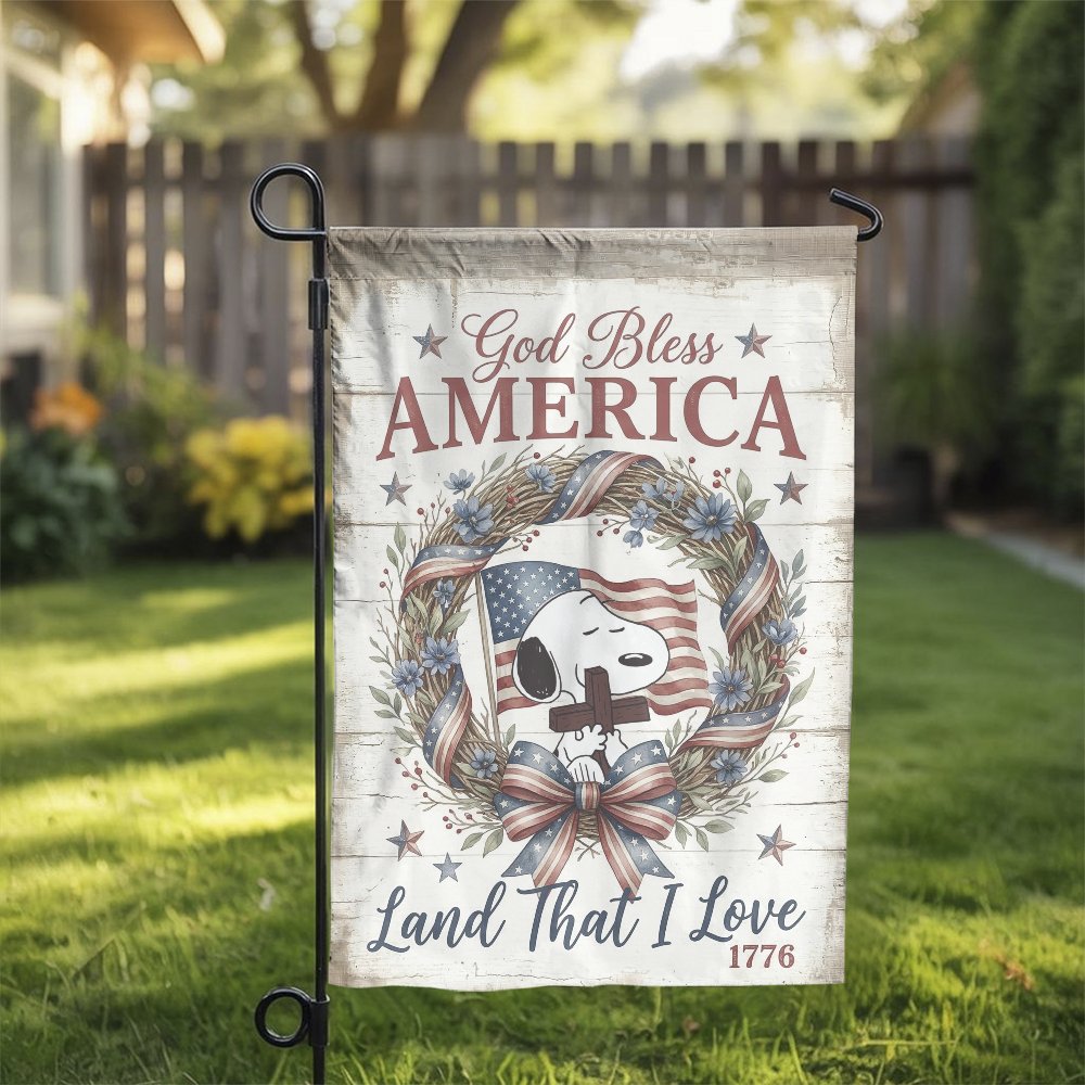 God Bless America Garden Flag | Patriotic Snoopy with Cross & US Flag | Premium Weather-Resistant Polyester | Memorial Day & 
