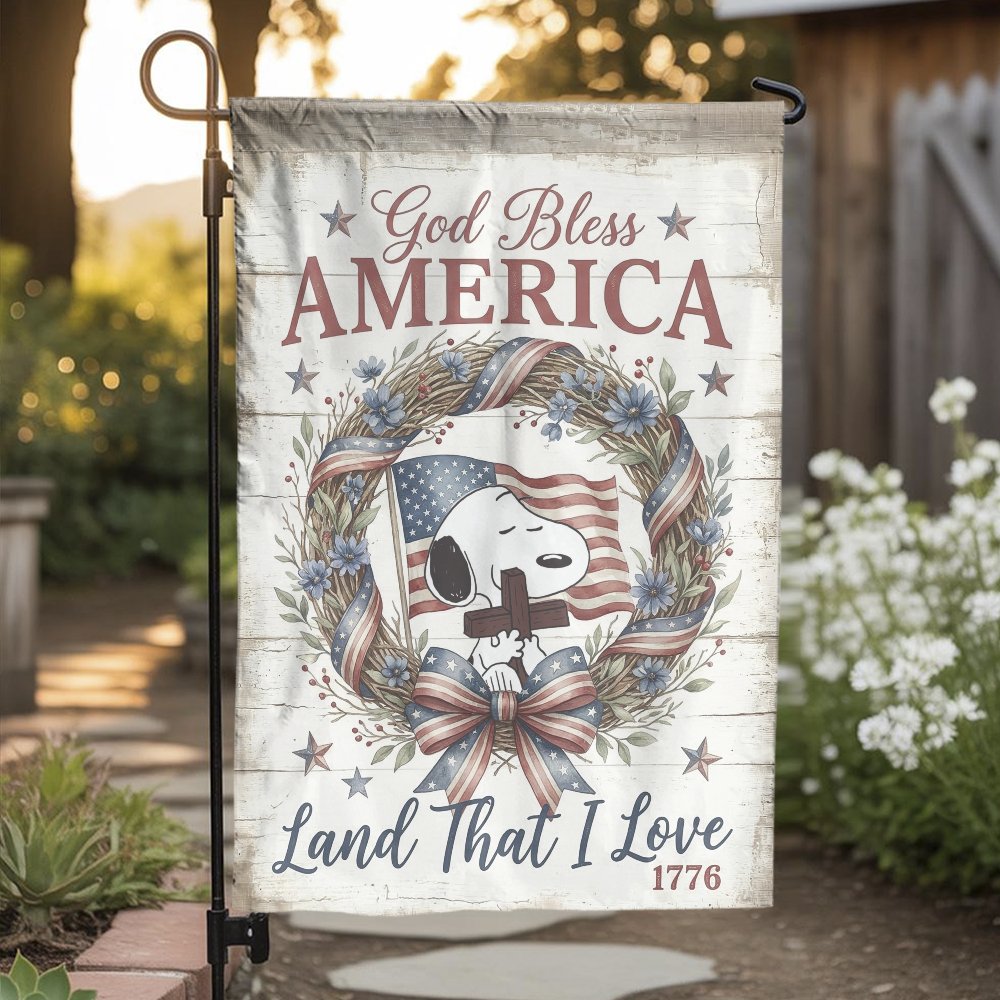 God Bless America Garden Flag | Patriotic Snoopy with Cross & US Flag | Premium Weather-Resistant Polyester | Memorial Day & 